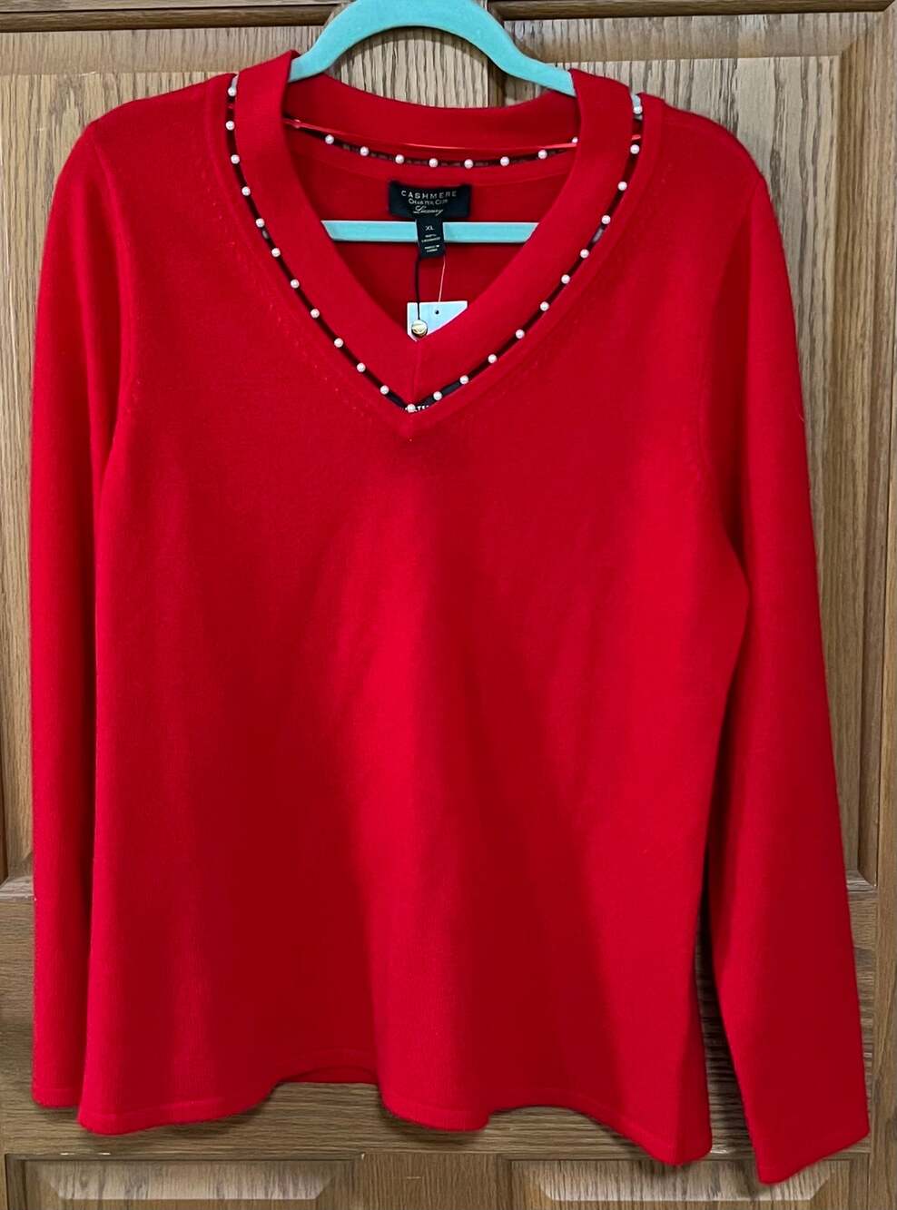 Charter Club Luxury 100% Cashmere XL Red Pearl Trim Sweater NWT $169